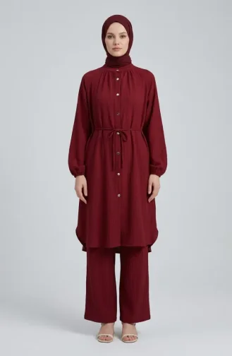 Boydan Düğmeli Bağcıklı Tunik Pantolon ikili Takım 2253-02 Bordo
