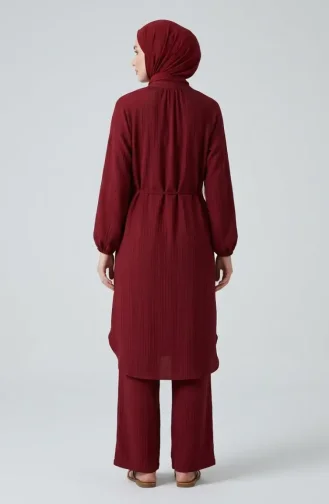 Boydan Düğmeli Bağcıklı Tunik Pantolon ikili Takım 2253-02 Bordo