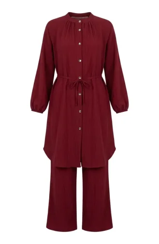Boydan Düğmeli Bağcıklı Tunik Pantolon ikili Takım 2253-02 Bordo