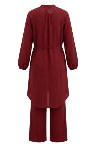 Boydan Düğmeli Bağcıklı Tunik Pantolon ikili Takım 2253-02 Bordo