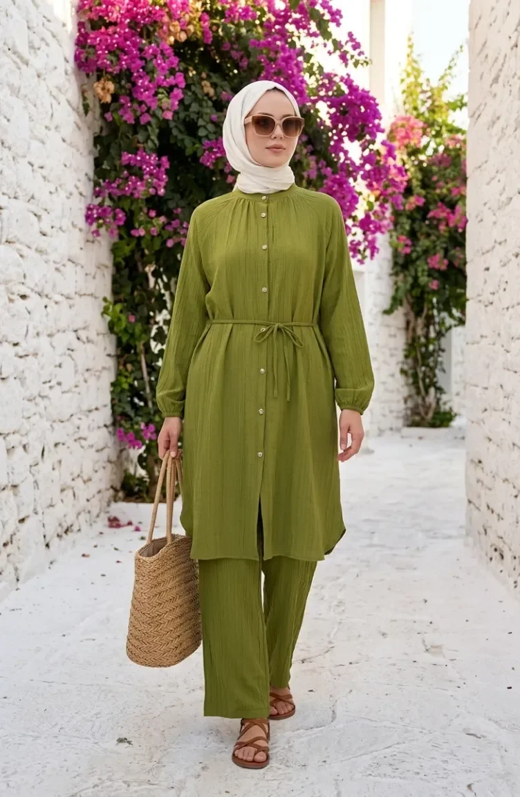 Boydan Düğmeli Bağcıklı Tunik Pantolon ikili Takım 2253-03 Fıstık Yeşili