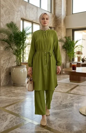 Boydan Düğmeli Bağcıklı Tunik Pantolon ikili Takım 2253-03 Fıstık Yeşili