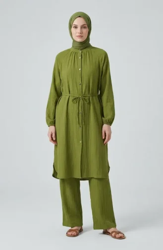 Boydan Düğmeli Bağcıklı Tunik Pantolon ikili Takım 2253-03 Fıstık Yeşili