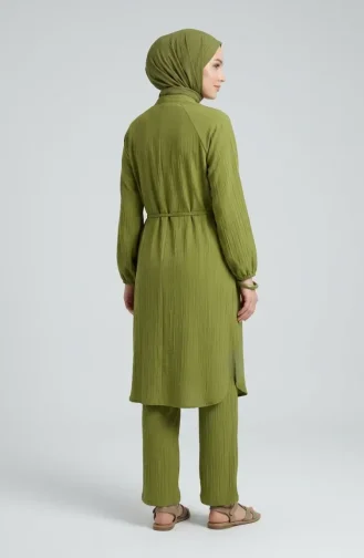 Boydan Düğmeli Bağcıklı Tunik Pantolon ikili Takım 2253-03 Fıstık Yeşili
