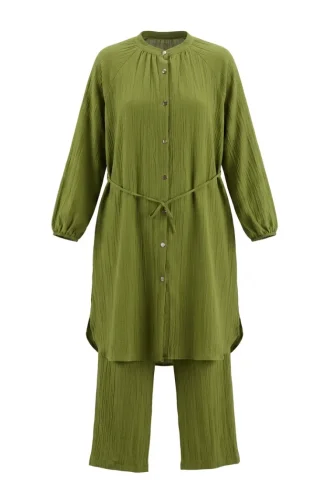 Boydan Düğmeli Bağcıklı Tunik Pantolon ikili Takım 2253-03 Fıstık Yeşili