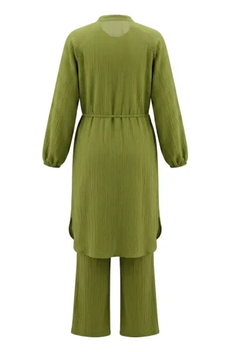 Boydan Düğmeli Bağcıklı Tunik Pantolon ikili Takım 2253-03 Fıstık Yeşili