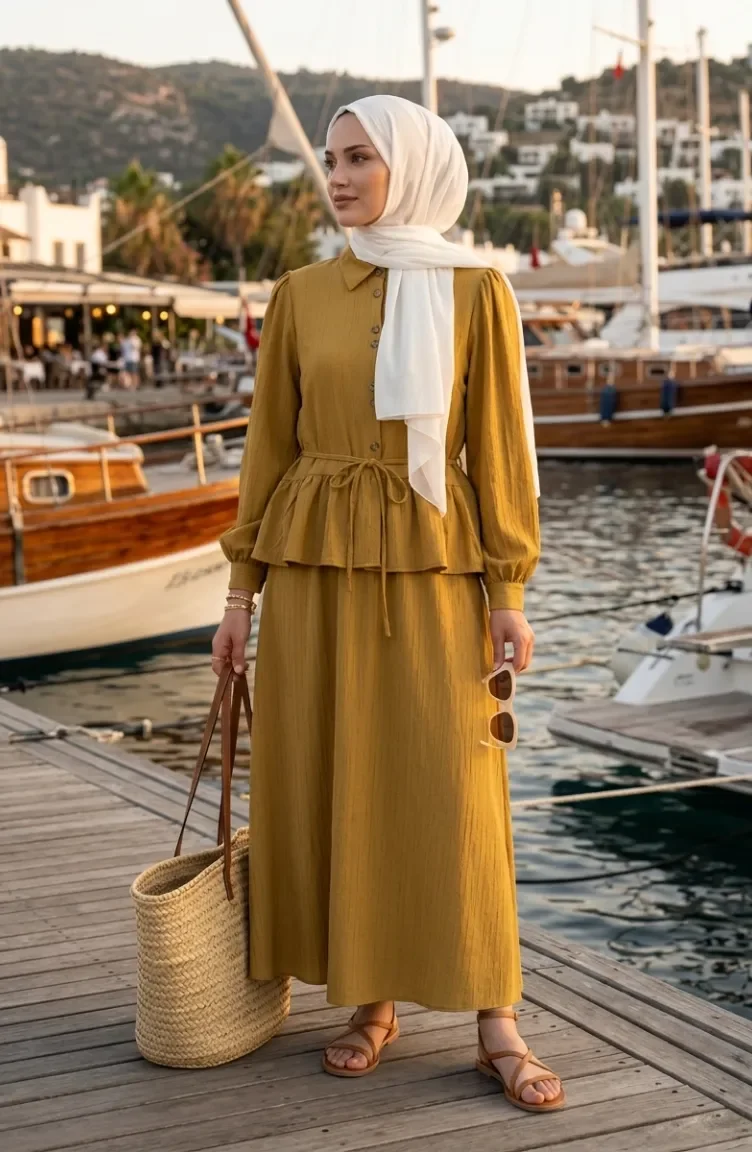 Ensemble Deux Pièces Tunique Et Jupe Froncées à Lacets 2254-01 Vert Olive 2254-01