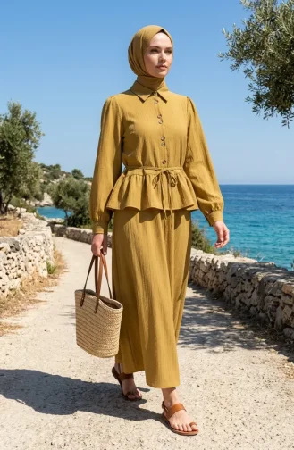 Ensemble Deux Pièces Tunique Et Jupe Froncées à Lacets 2254-01 Vert Olive 2254-01