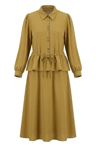 Ensemble Deux Pièces Tunique Et Jupe Froncées à Lacets 2254-01 Vert Olive 2254-01