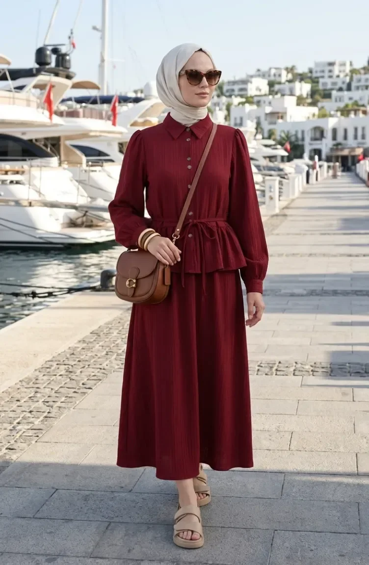 Ensemble Deux Pièces Tunique Et Jupe Froncées à Lacets 2254-02 Bordeaux 2254-02