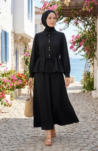 Gathered Lace-Up Tunic And Skirt Two-Piece Set 2254-03 Black 2254-03