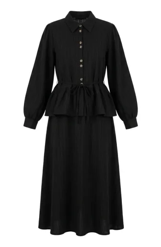 Gathered Lace-Up Tunic And Skirt Two-Piece Set 2254-03 Black 2254-03