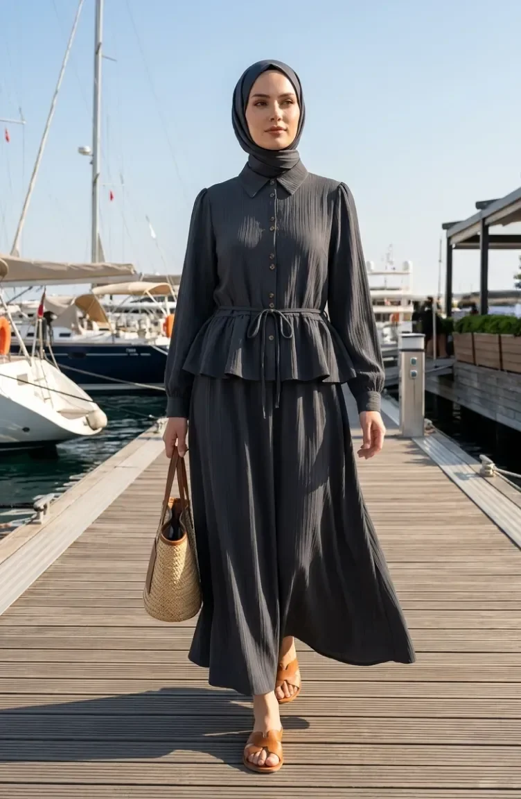 Gathered Lace-Up Tunic And Skirt Two-Piece Set 2254-05 Anthracite 2254-05