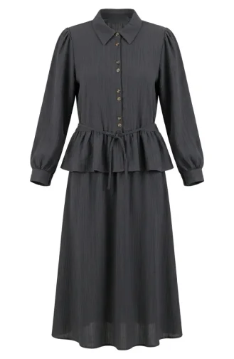 Gathered Lace-Up Tunic And Skirt Two-Piece Set 2254-05 Anthracite 2254-05
