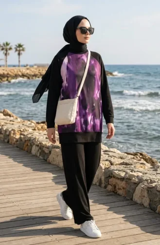 Gemustertes Tunika- Und Hosen-Zweiteiler-Set 2258-01 Schwarz Lila 2258-01