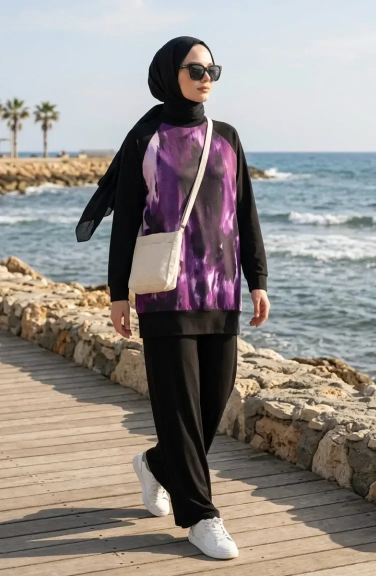 Gemustertes Tunika- Und Hosen-Zweiteiler-Set 2258-01 Schwarz Lila 2258-01