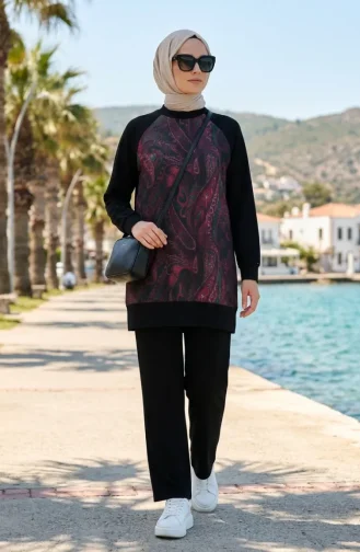 Patterned Tunic And Pants Two-Piece Set 2259-01 Black Pink 2259-01