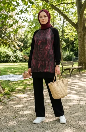 Patterned Tunic And Pants Two-Piece Set 2259-01 Black Pink 2259-01