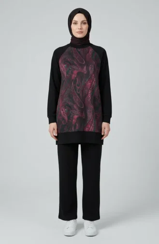 Patterned Tunic And Pants Two-Piece Set 2259-01 Black Pink 2259-01