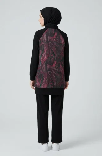 Patterned Tunic And Pants Two-Piece Set 2259-01 Black Pink 2259-01
