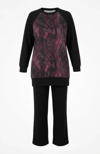 Patterned Tunic And Pants Two-Piece Set 2259-01 Black Pink 2259-01