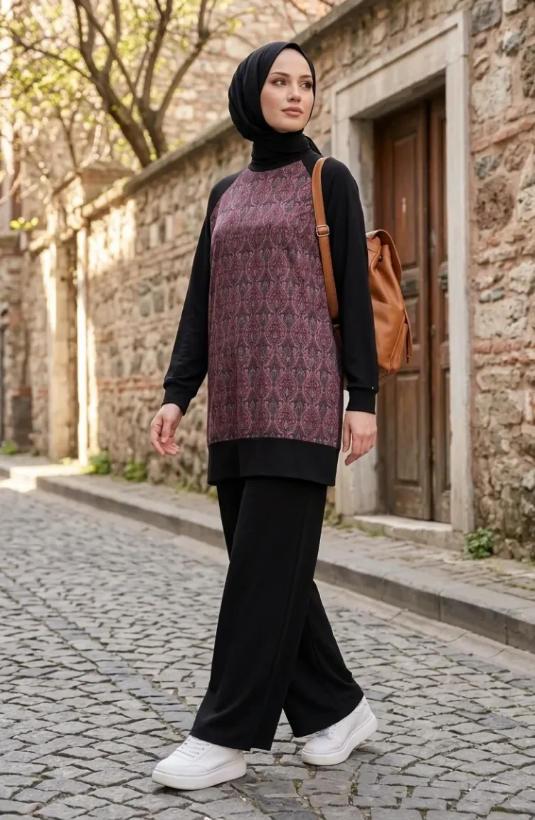 Patterned Tunic And Pants Two-Piece Set 2260-01 Black Plum 2260-01