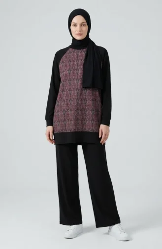 Patterned Tunic And Pants Two-Piece Set 2260-01 Black Plum 2260-01