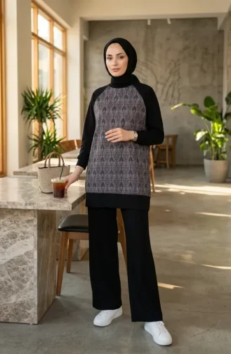 Desenli Tunik Pantolon ikili Takım 2260-03 Siyah Bordo