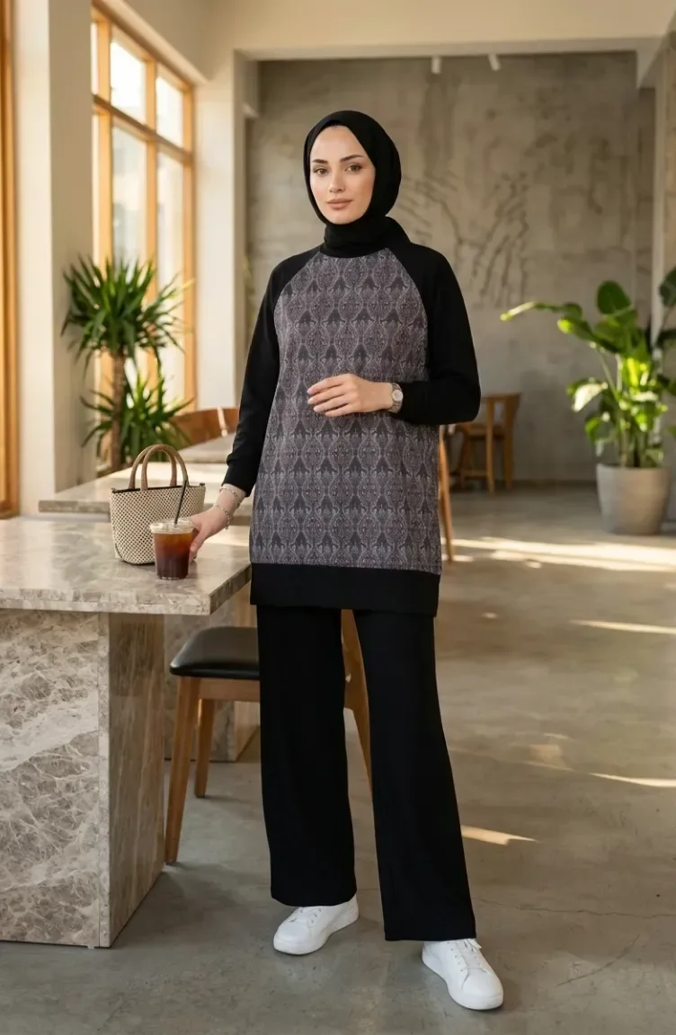 Desenli Tunik Pantolon ikili Takım 2260-03 Siyah Bordo