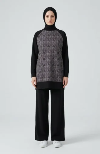 Desenli Tunik Pantolon ikili Takım 2260-03 Siyah Bordo