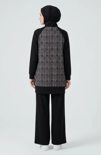 Desenli Tunik Pantolon ikili Takım 2260-03 Siyah Bordo