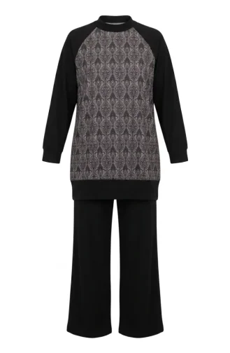Desenli Tunik Pantolon ikili Takım 2260-03 Siyah Bordo
