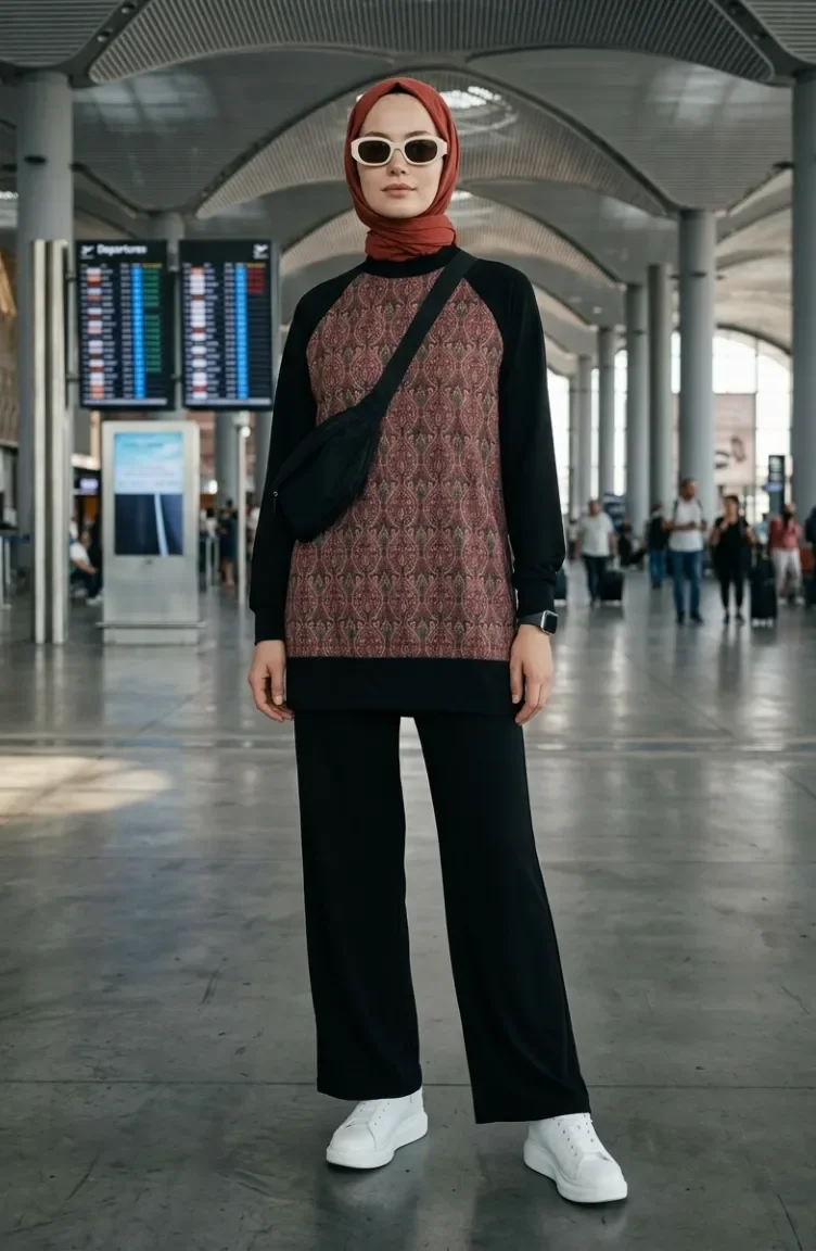 Patterned Tunic And Pants Two-Piece Set 2260-04 Black Brown 2260-04