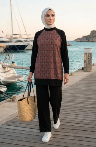 Patterned Tunic And Pants Two-Piece Set 2260-04 Black Brown 2260-04
