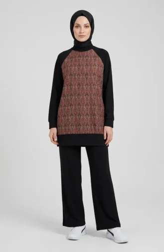 Patterned Tunic And Pants Two-Piece Set 2260-04 Black Brown 2260-04