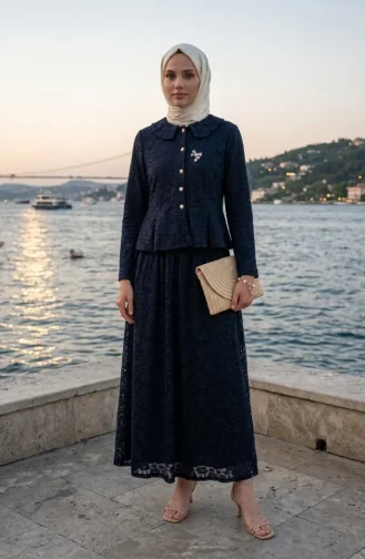 Bebe Yaka Dantelli Tunik Etek ikili Takım 0270-01 Lacivert