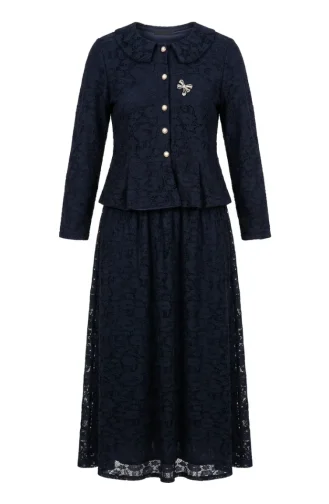 Bebe Yaka Dantelli Tunik Etek ikili Takım 0270-01 Lacivert