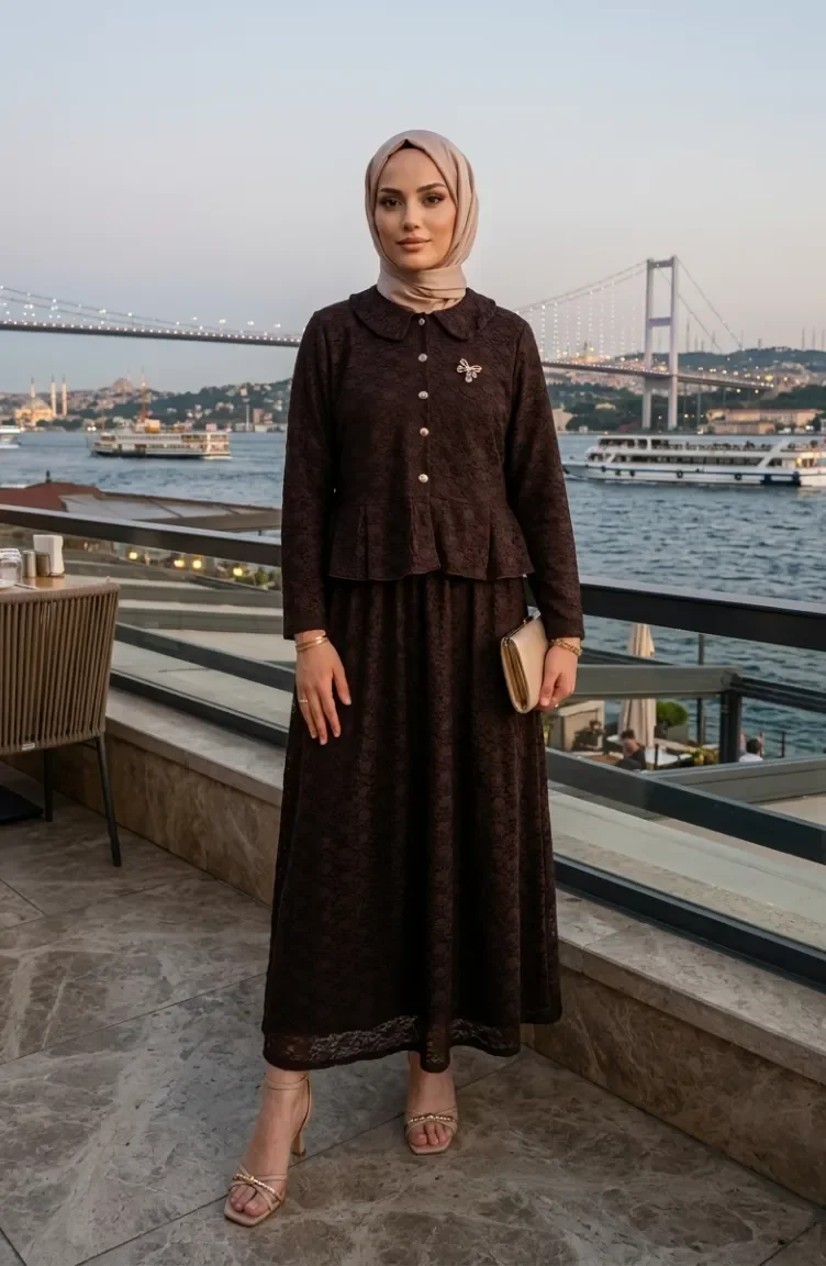 Bebe Yaka Dantelli Tunik Etek ikili Takım 0270-03 Kahverengi