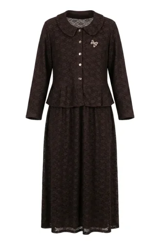 Bebe Yaka Dantelli Tunik Etek ikili Takım 0270-03 Kahverengi