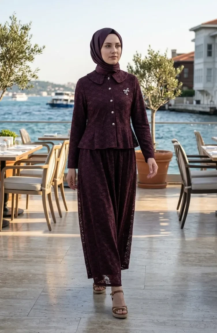 Bebe Yaka Dantelli Tunik Etek ikili Takım 0270-04 Bordo