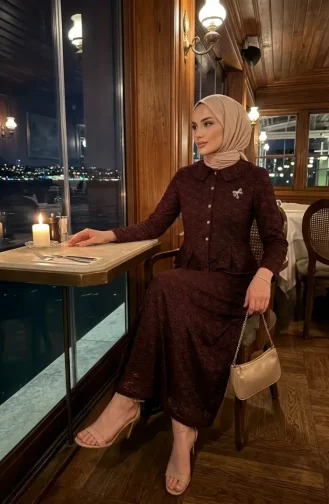 Bebe Yaka Dantelli Tunik Etek ikili Takım 0270-04 Bordo
