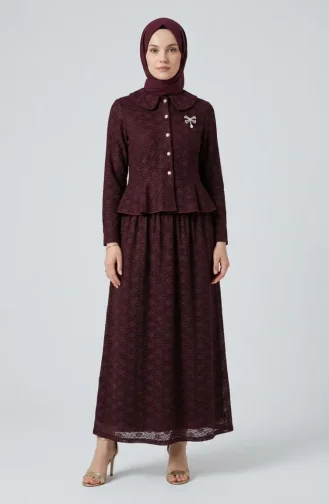 Bebe Yaka Dantelli Tunik Etek ikili Takım 0270-04 Bordo