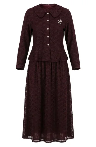 Bebe Yaka Dantelli Tunik Etek ikili Takım 0270-04 Bordo