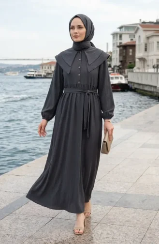 Robe à Col Peter Pan Ceinturée 2252-01 Gris 2252-01