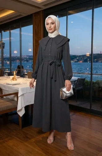 Robe à Col Peter Pan Ceinturée 2252-01 Gris 2252-01