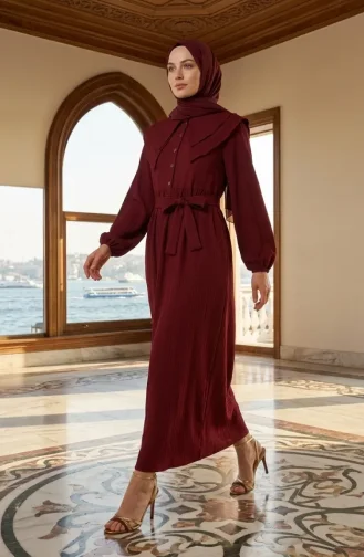 Peter Pan Collar Belted Dress 2252-03 Burgundy 2252-03