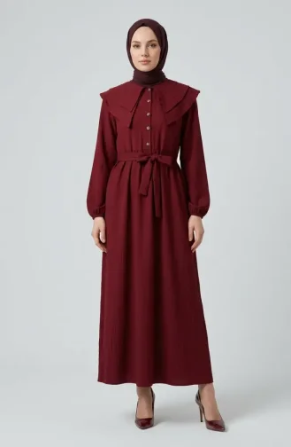 Peter Pan Collar Belted Dress 2252-03 Burgundy 2252-03