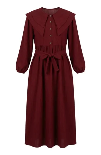 Peter Pan Collar Belted Dress 2252-03 Burgundy 2252-03