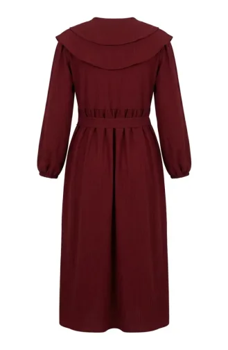 Peter Pan Collar Belted Dress 2252-03 Burgundy 2252-03