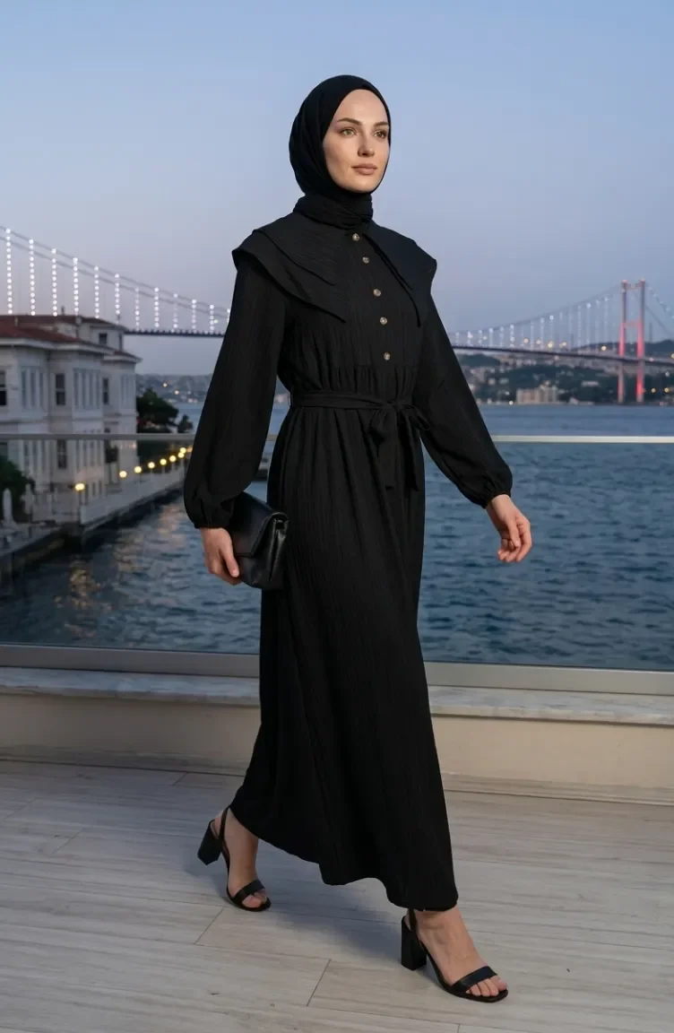 Kleid Mit Peter-Pan-Kragen Und Gürtel 2252-04 Schwarz 2252-04